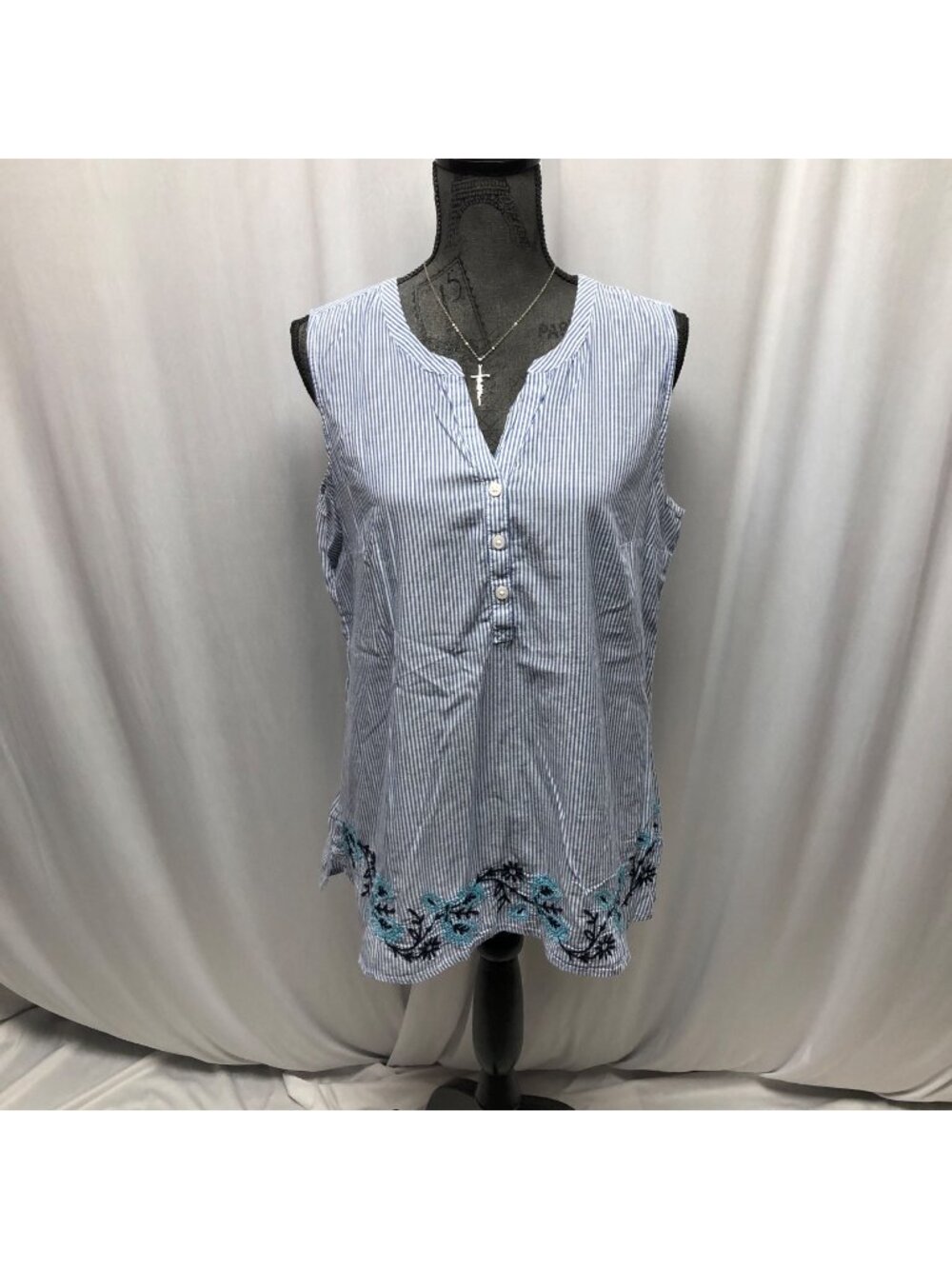 Croft and Barrow Sleeveless Top Womens Sz Large Blue White Striped Cotton Tunic